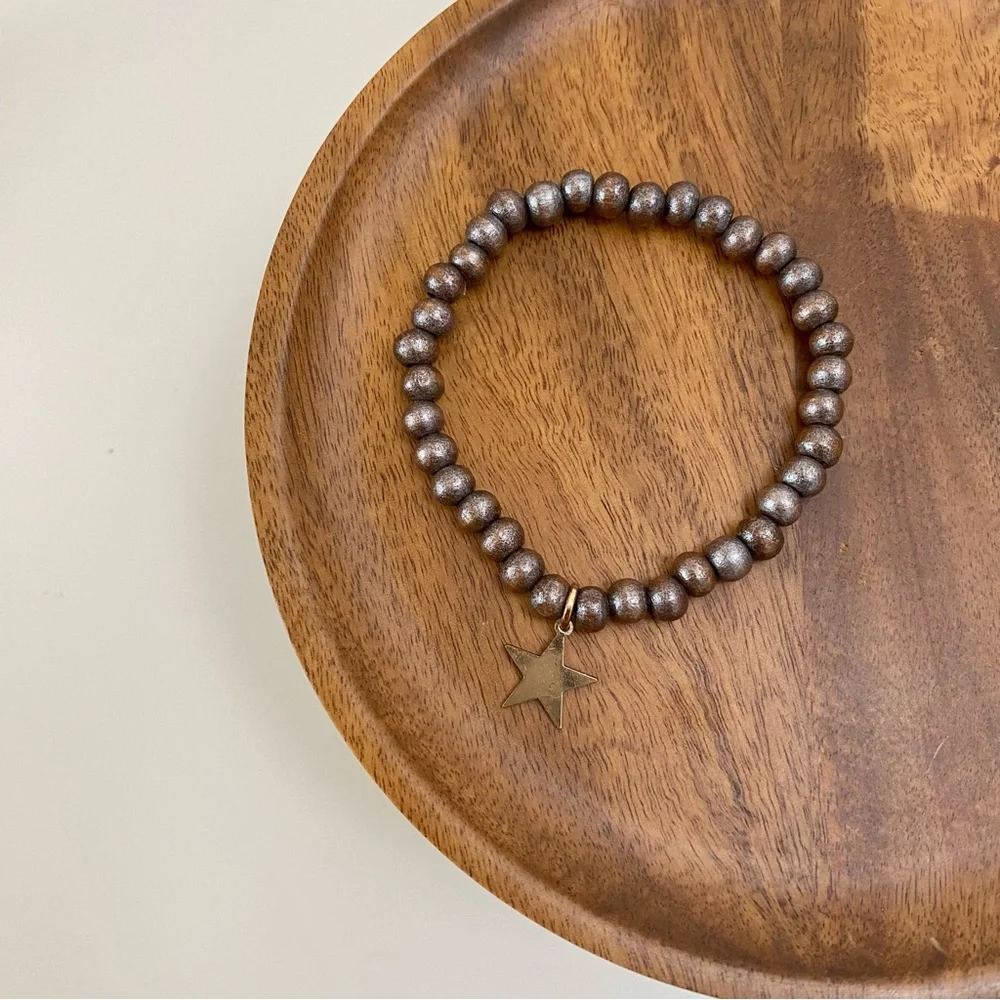 4/$15 Metallic Bronze Wood Beads Stretchy Beaded Bracelet